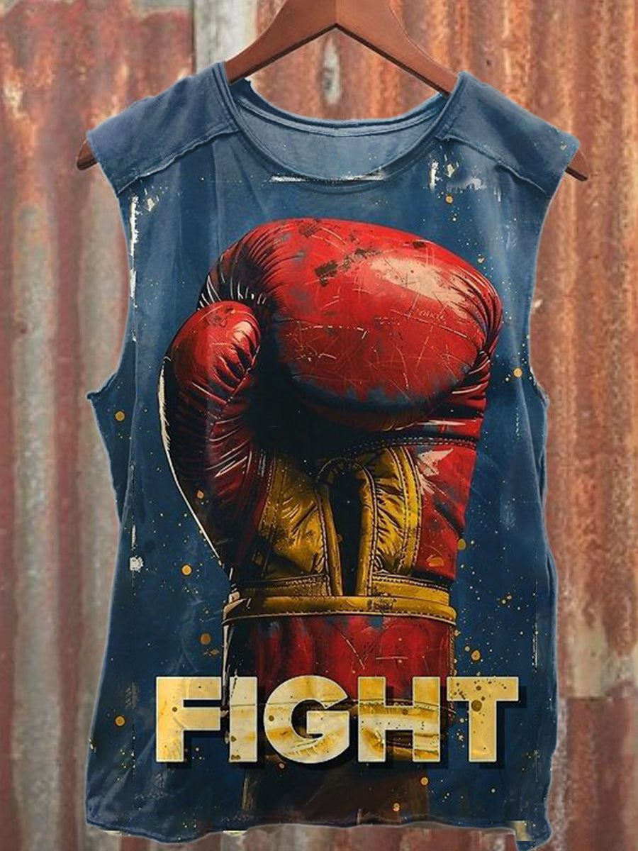 Vintage Boxing Print Casual Cotton Tank Top