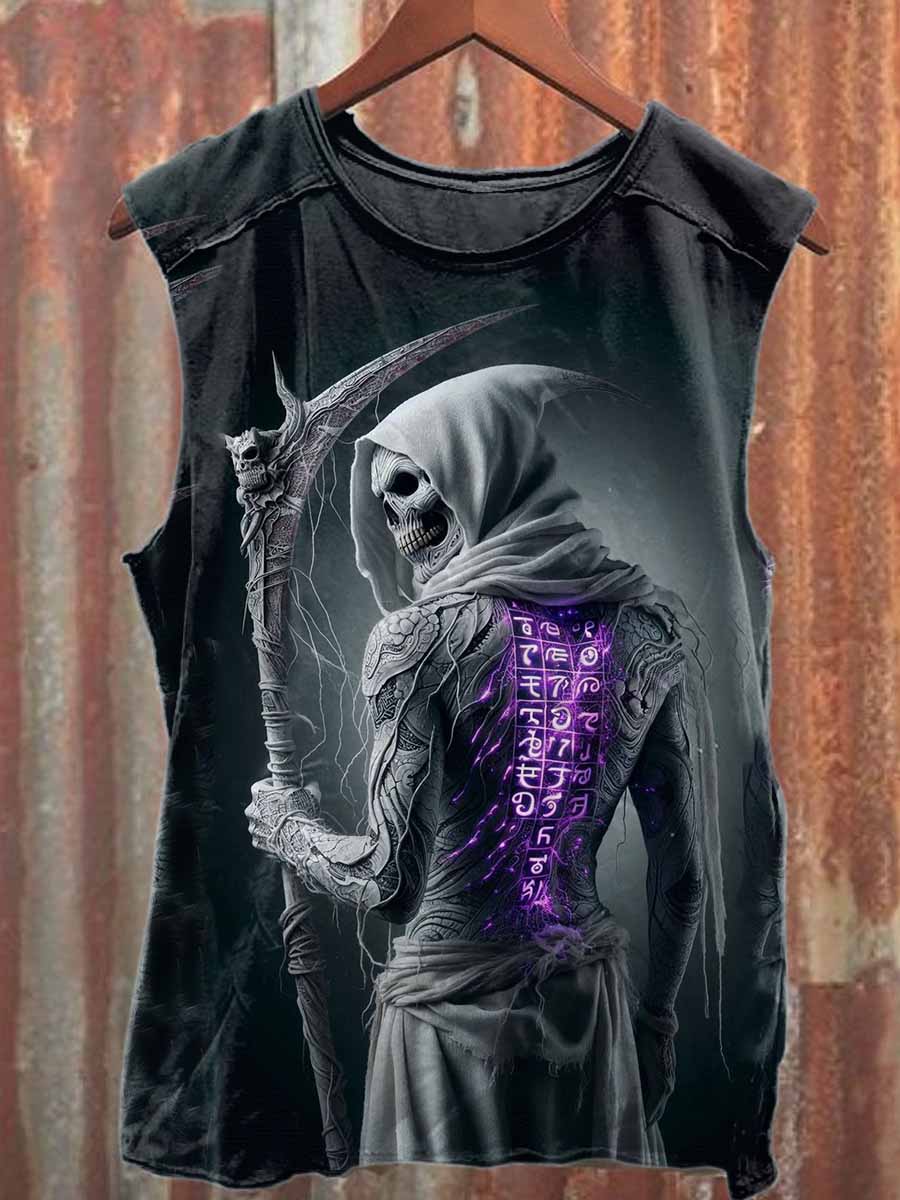 Vintage Skull Rune Print Casual Cotton Tank Top
