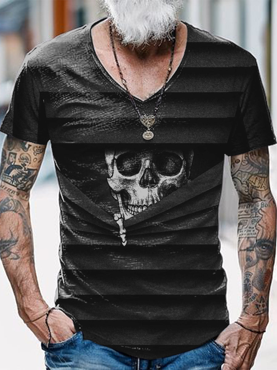 Funny Skull Printed Vintage Fashion Loose V-Neck Short Sleeve T-Shirt
