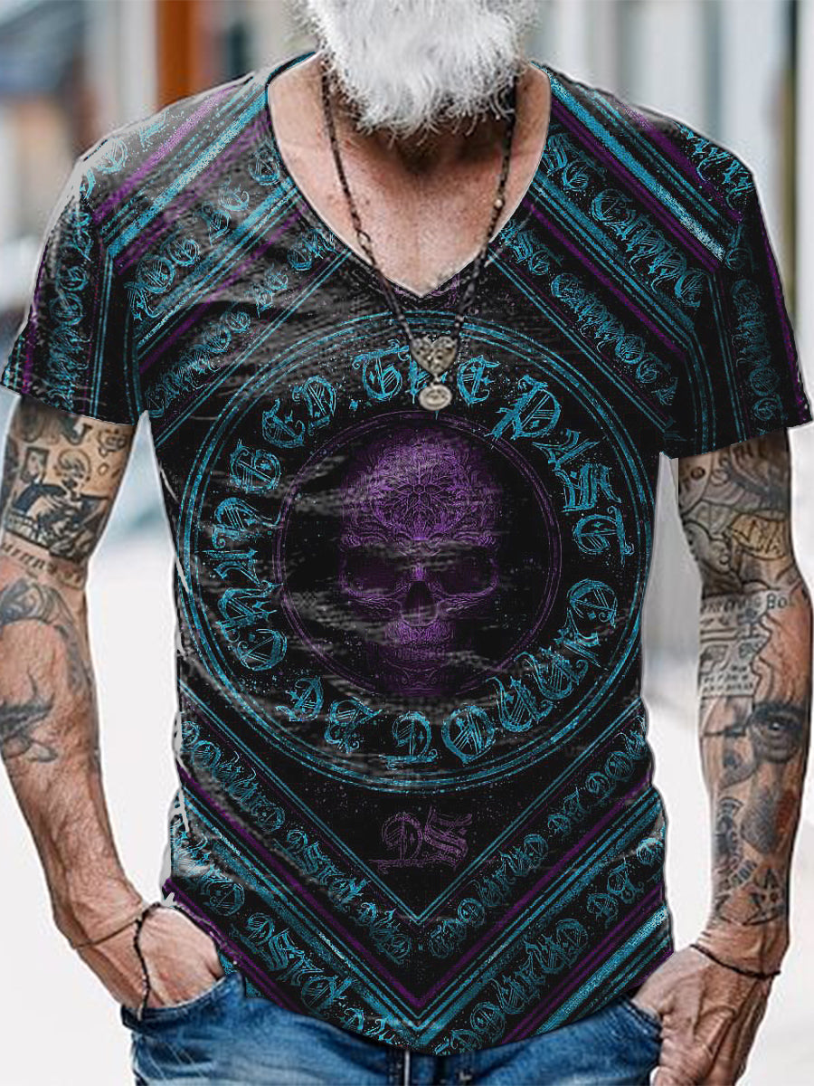 Skull Printed Vintage Fashion Loose V-Neck Short Sleeve T-Shirt