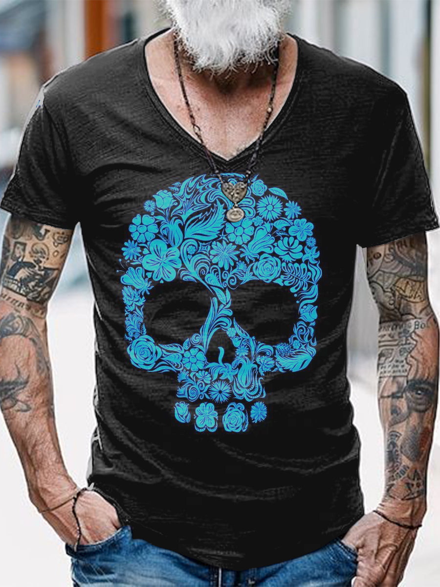 Flower Skull Printed Vintage Fashion Loose V-Neck Short Sleeve T-Shirt