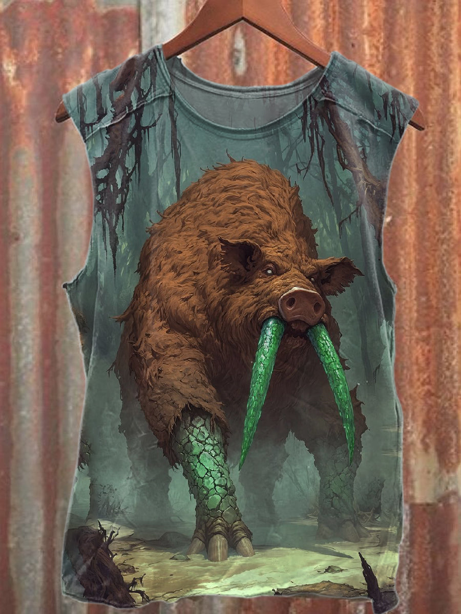 Vintage Wild Boar Art Print Cotton Tank Top