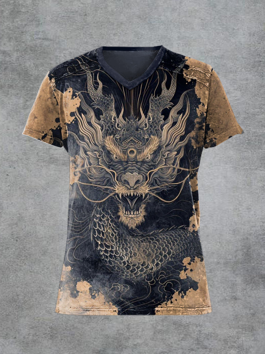 Men's Retro Dragon Printed V-neck Short-Sleeved T-shirt