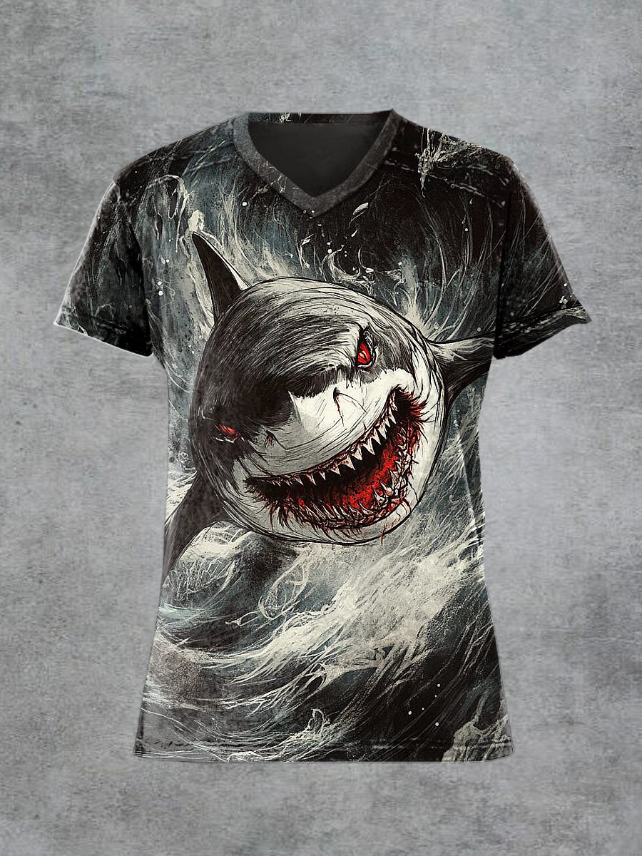 Men's Retro Shark Printed V-neck Short-Sleeved T-shirt