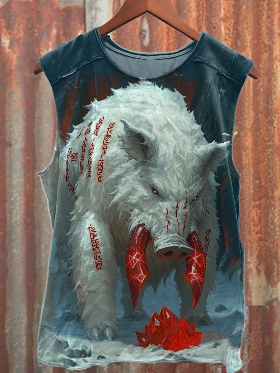 Vintage Wild Boar Art Print Cotton Tank Top