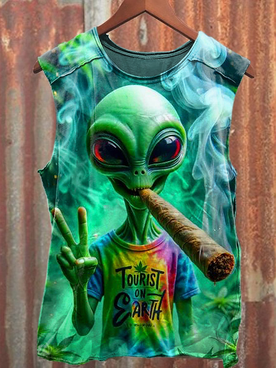Men's Casual Smoking Alien Printed Tank Top