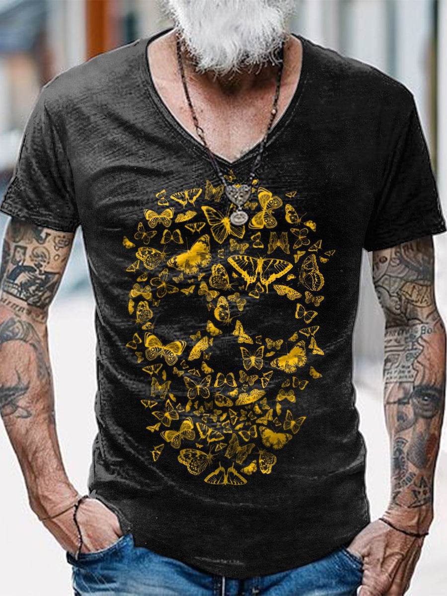 Butterfly Skull Printed Vintage Fashion Loose V-Neck Short Sleeve T-Shirt