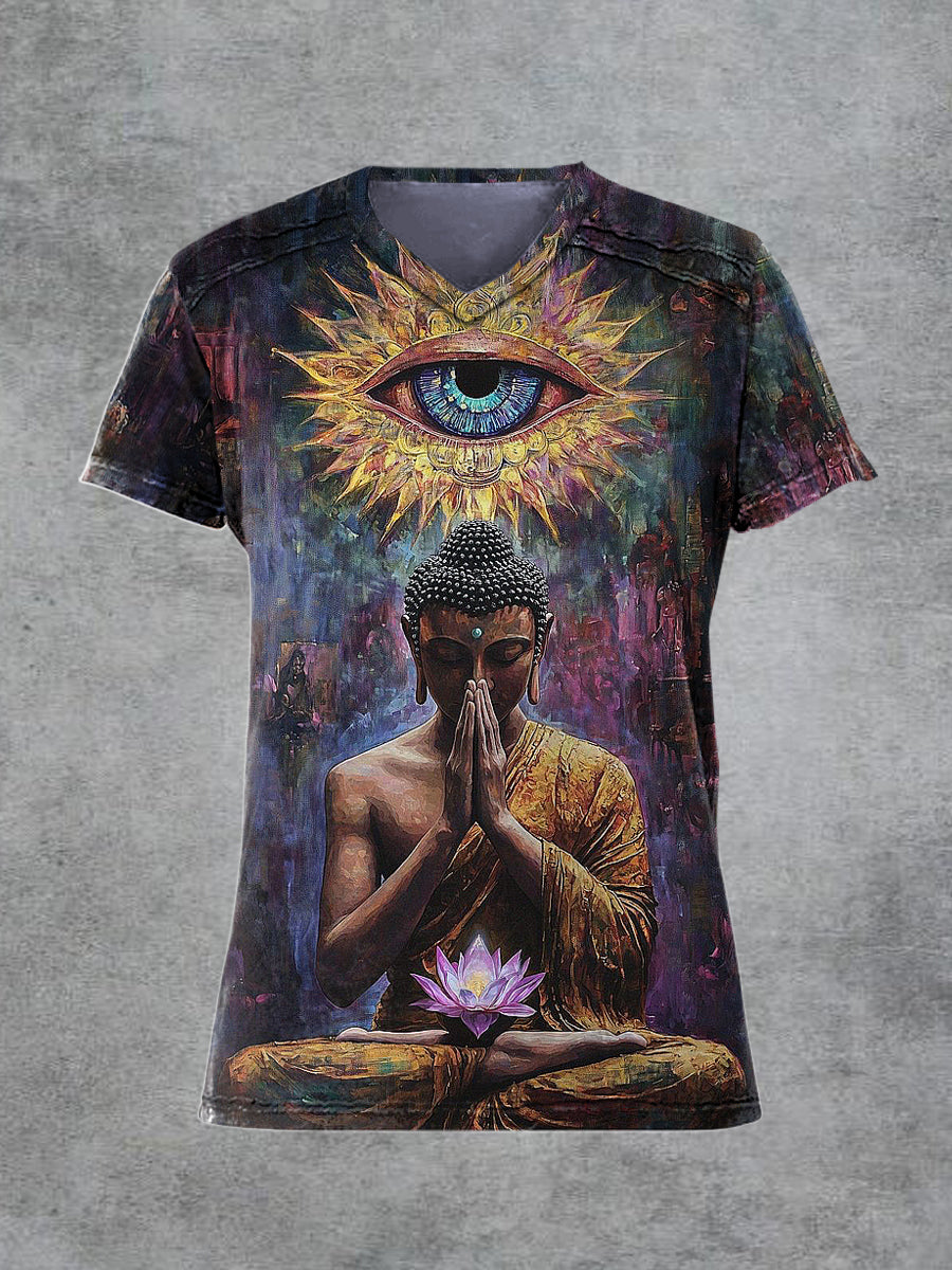 Men's Retro Buddha Printed V-neck Short-Sleeved T-shirt