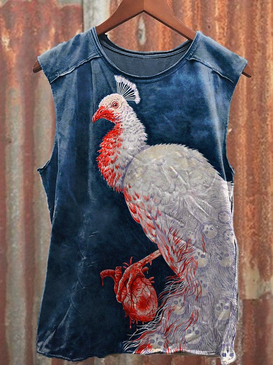 Men's Casual White Peacock Printed Tank Top