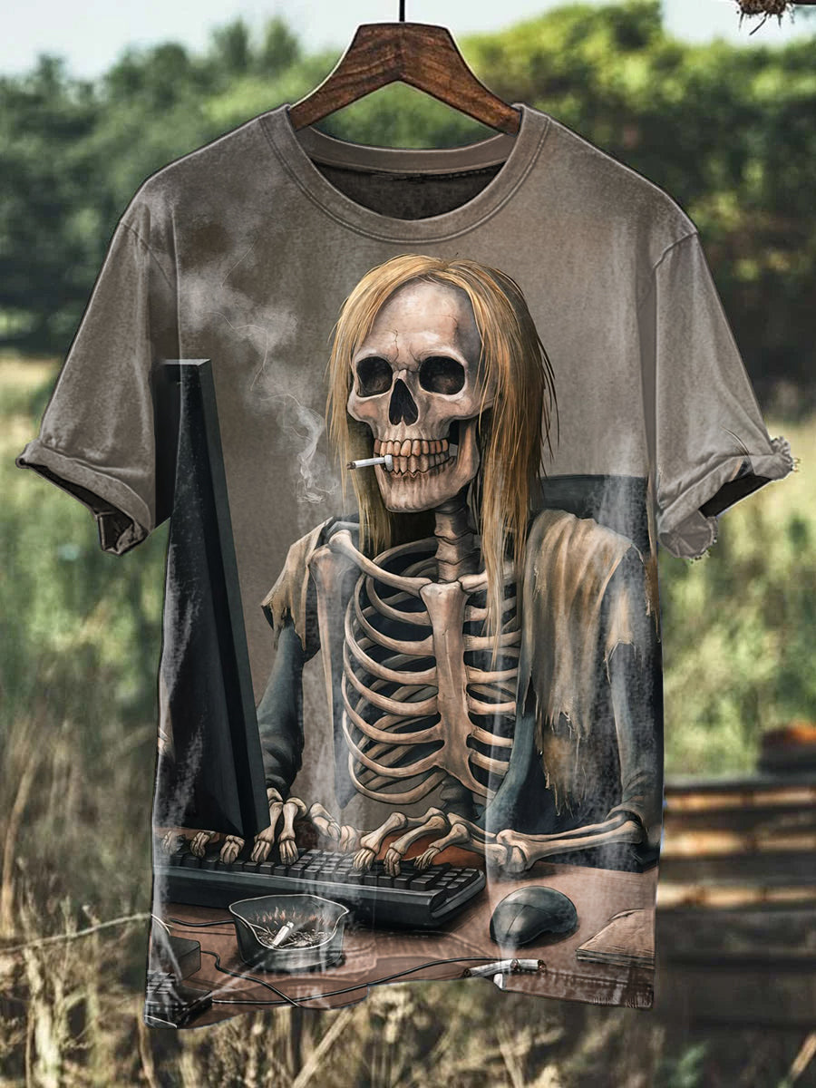Retro Smoking Skull Illustration Printed Casual Cotton Tank Top