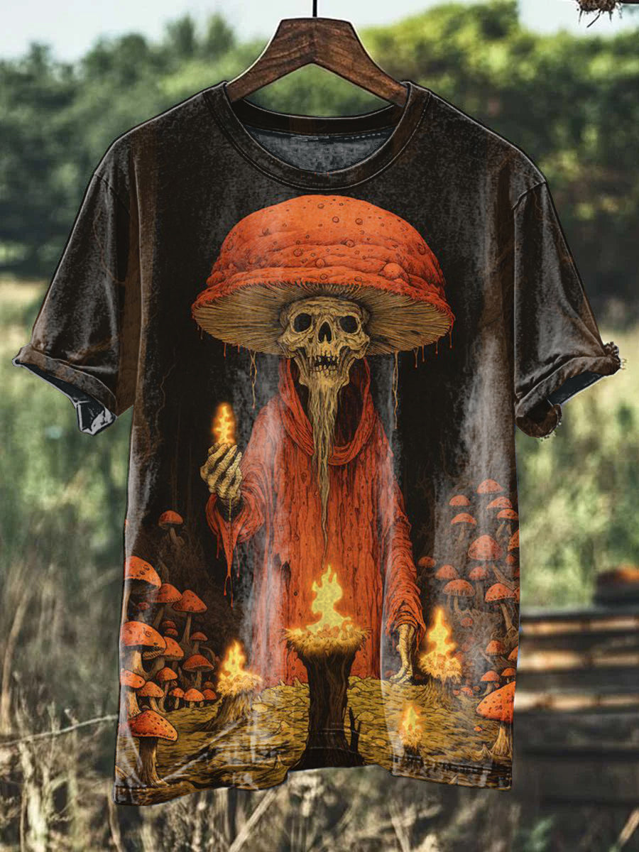 Retro Mushroom Print Casual Cotton T-Shirt