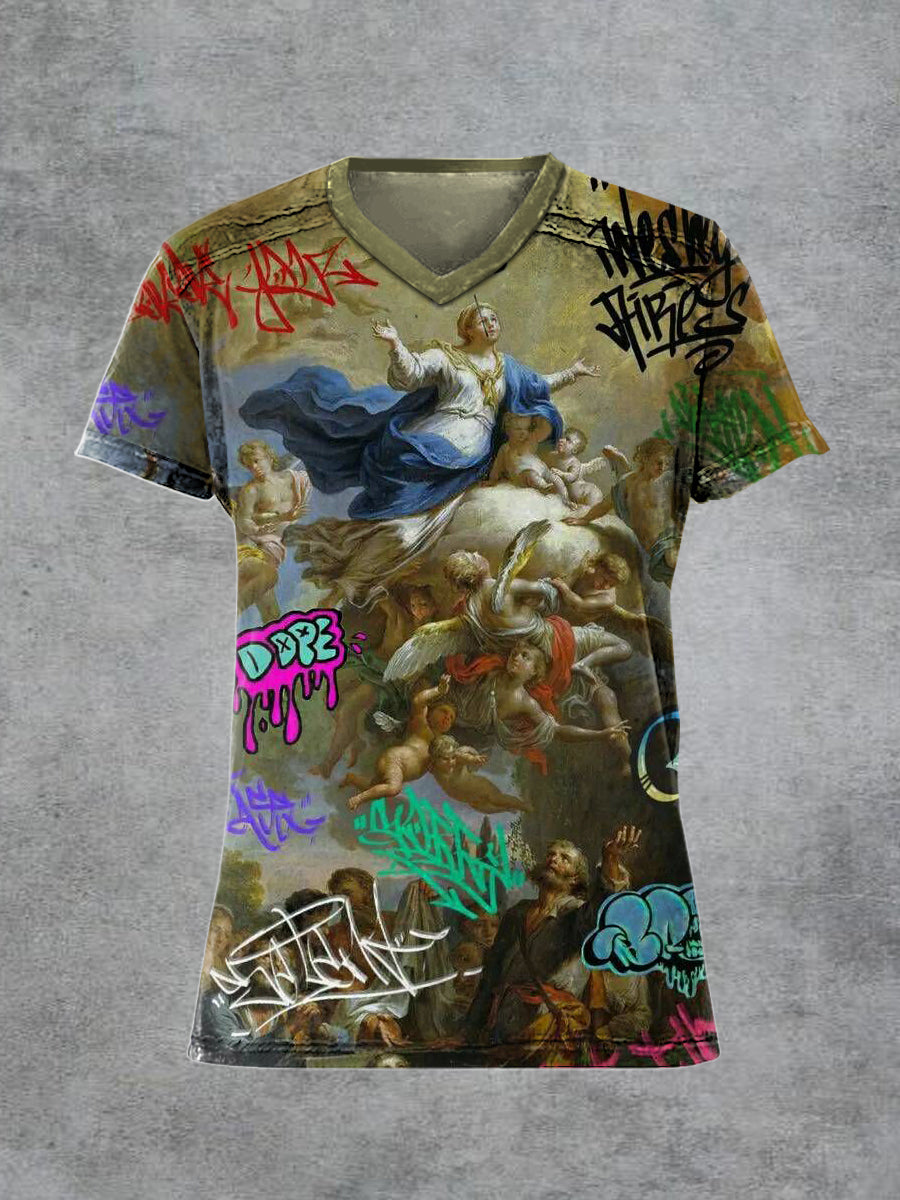 Men's Retro Graffiti Printed V-neck Short-Sleeved T-shirt