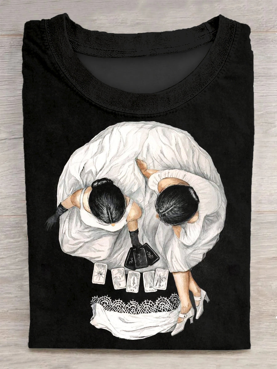 Unisex Visual Illusion Skull Printed Vintage Fashion Loose Short Sleeve T-Shirt