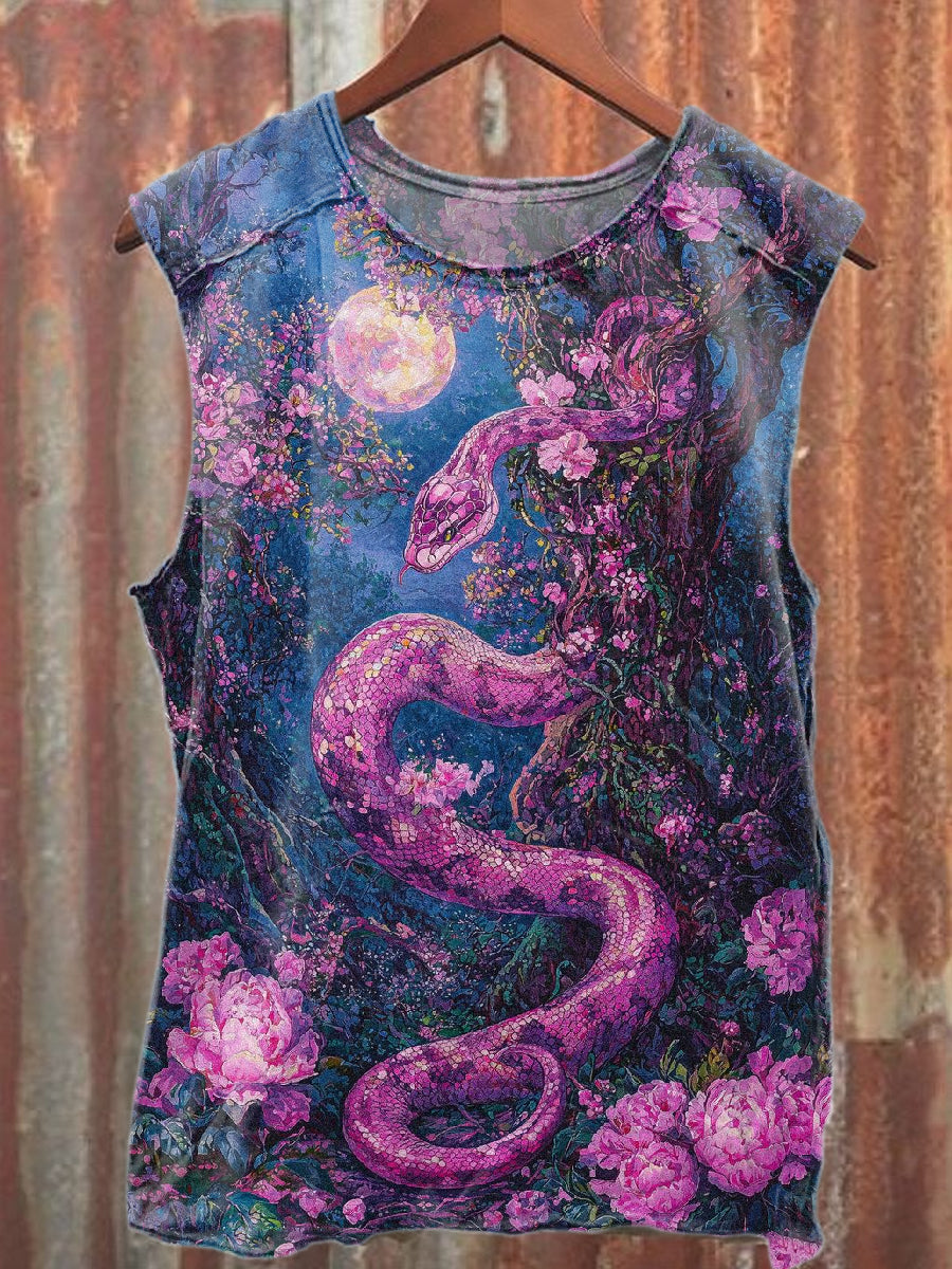 Vintage Snake Graffiti Print Casual Cotton Tank Top