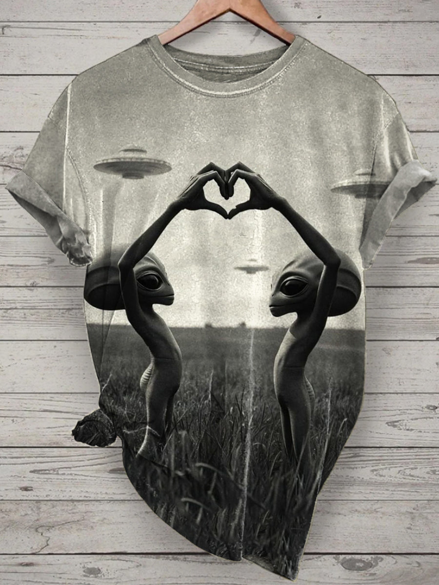 Unisex Funny Alien Printed Vintage Fashion Loose Short Sleeve T-Shirt
