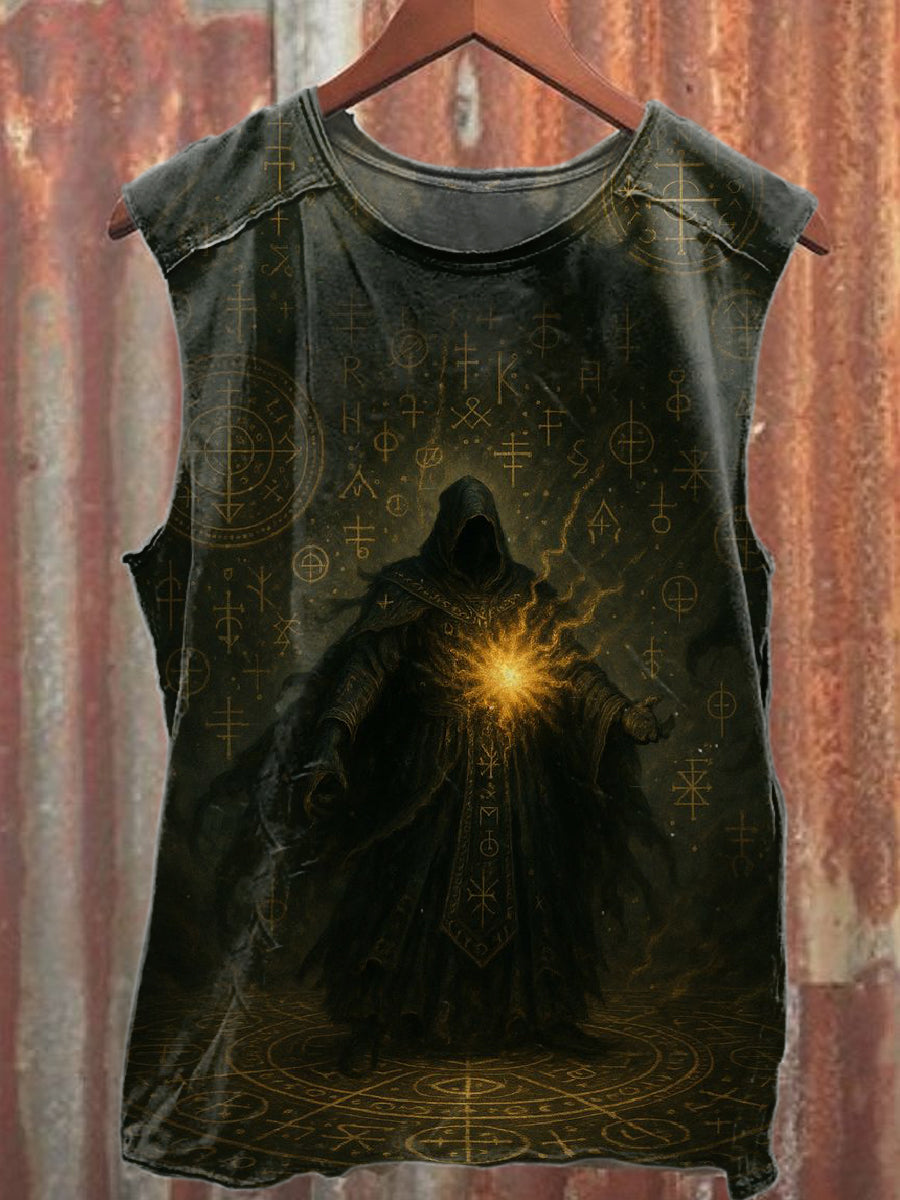 Vintage Wizard Print Casual Cotton Tank Top