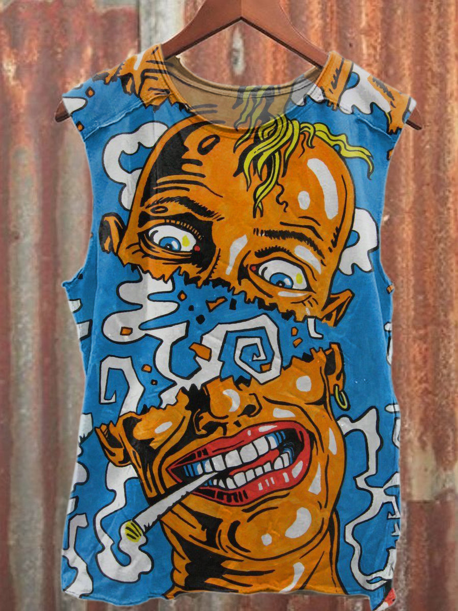Retro Graffiti Print Casual Cotton Tank Top