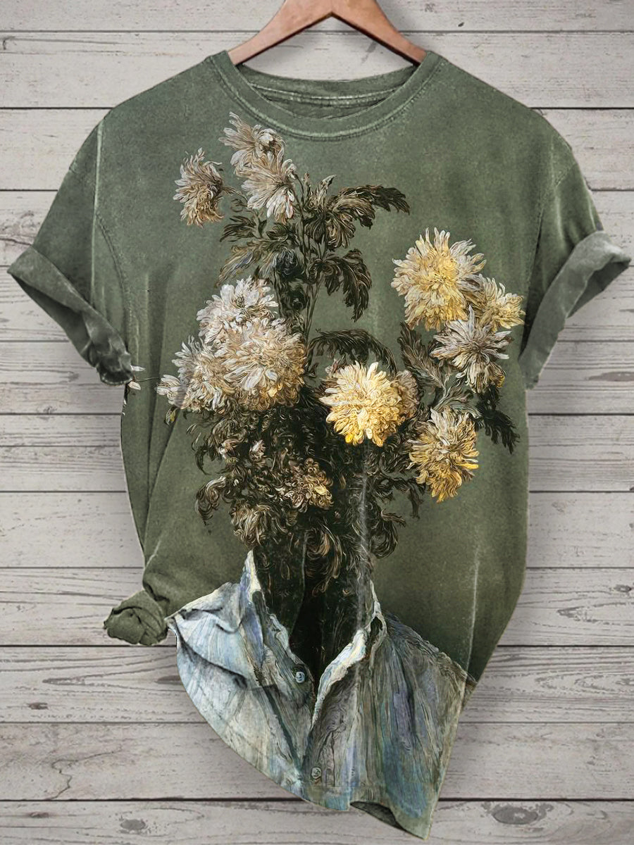 Unisex Flower Art Printed Vintage Fashion Loose Short Sleeve T-Shirt