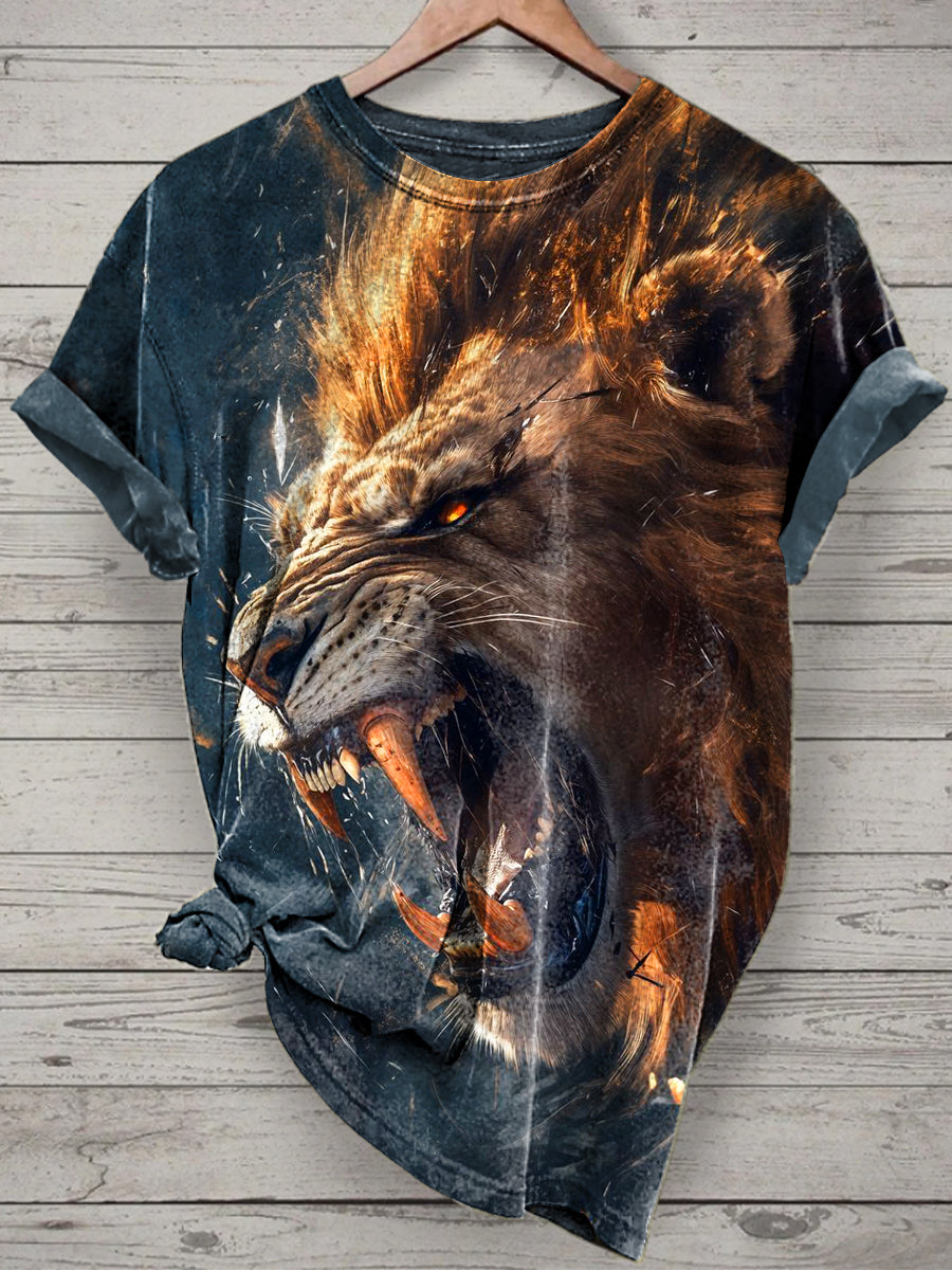 Roaring Lion Printed Vintage Fashion Loose Short Sleeve T-Shirt