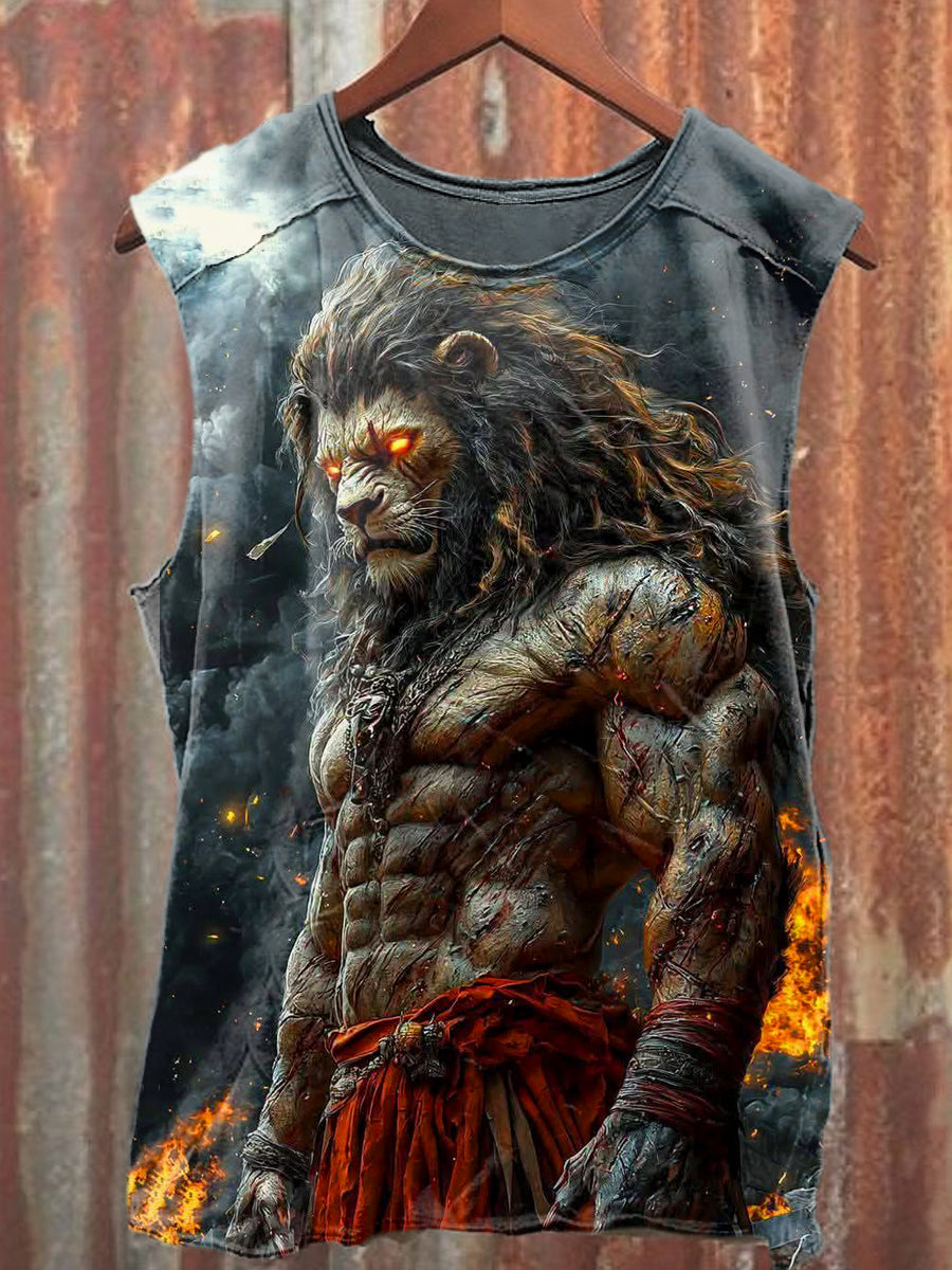 Men's Casual Muscle Lion Printed Tank Top