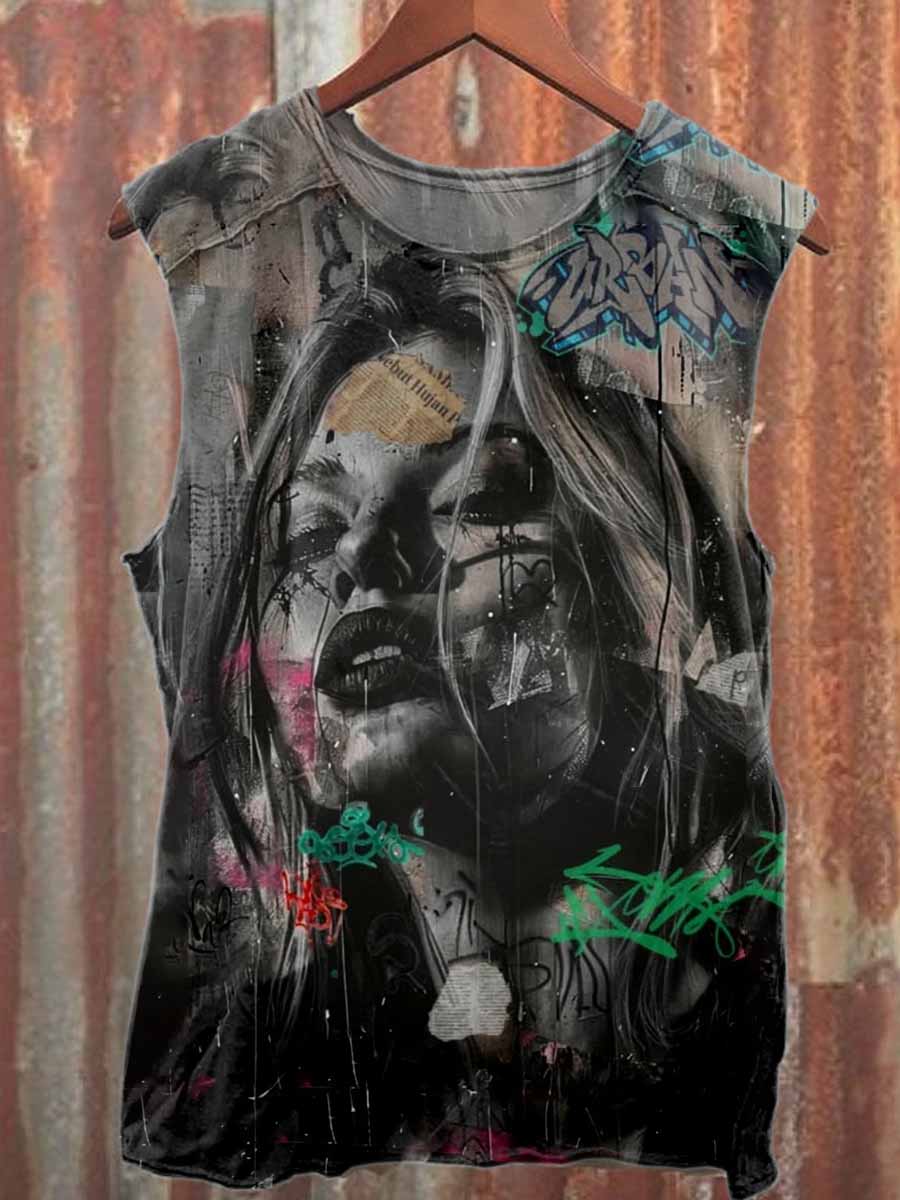Retro Graffiti Print Casual Pure Cotton Tank Top