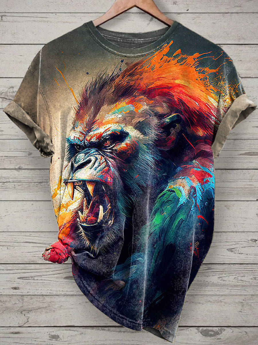 Unisex Roaring Gorilla Printed Vintage Fashion Loose Short Sleeve T-Shirt
