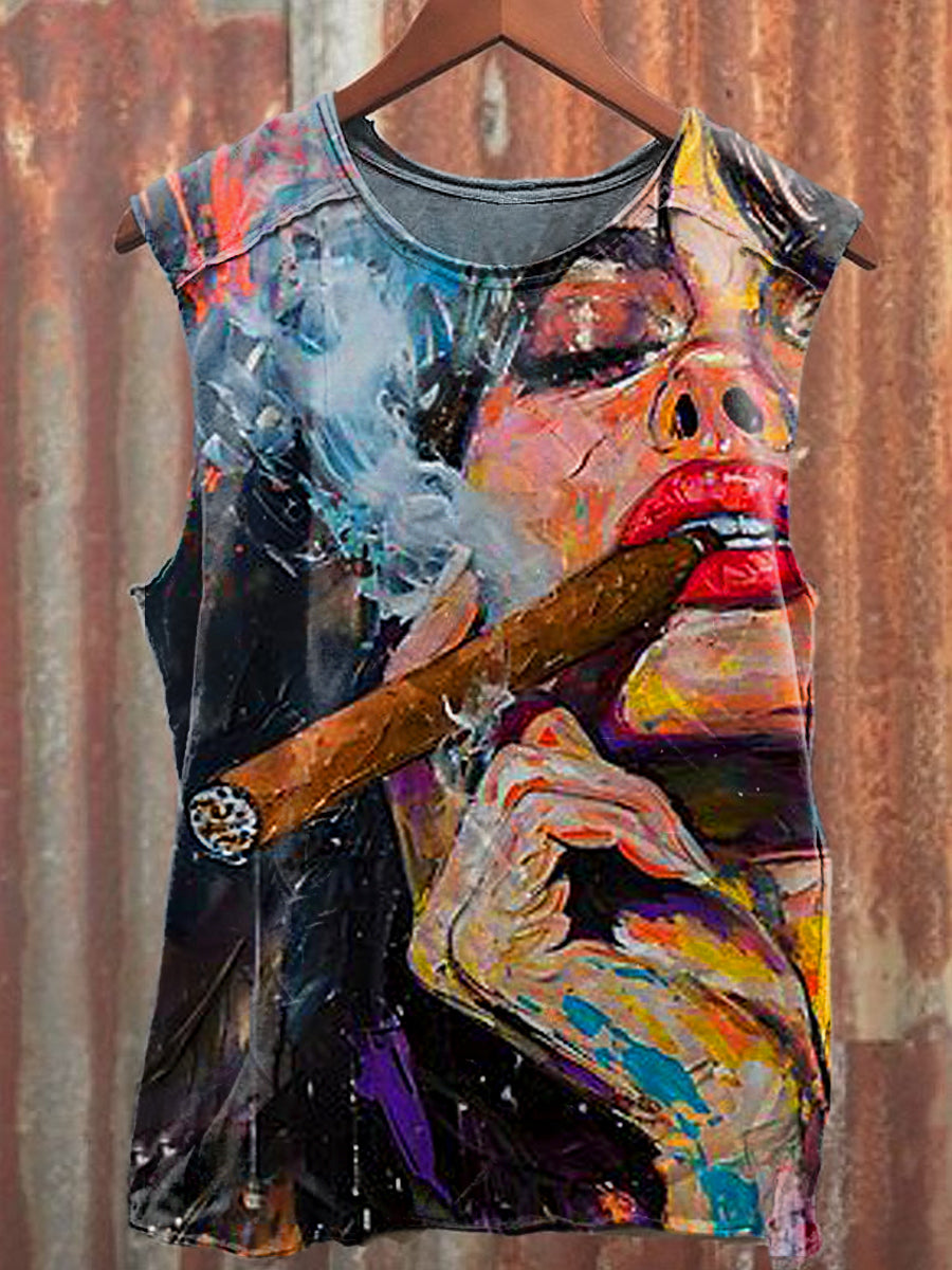 Men's Casual Smoking Portrait Printed Tank Top
