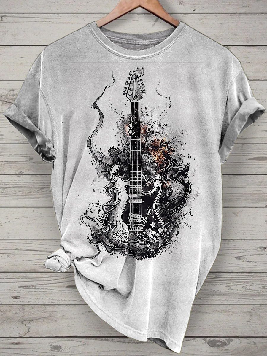 Unisex Music Guitar Printed Vintage Fashion Loose Short Sleeve T-Shirt