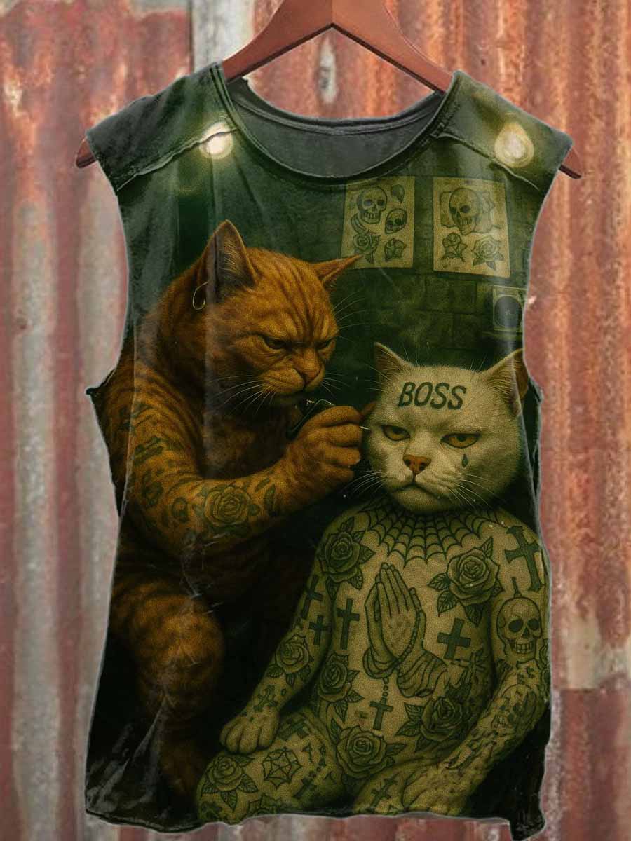 Vintage Cat Tattoo Casual Cotton Tank Top