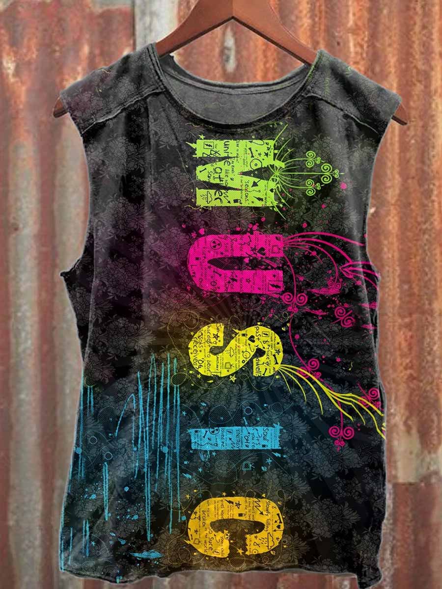 Retro Graffiti Music Print Casual Cotton Tank Top