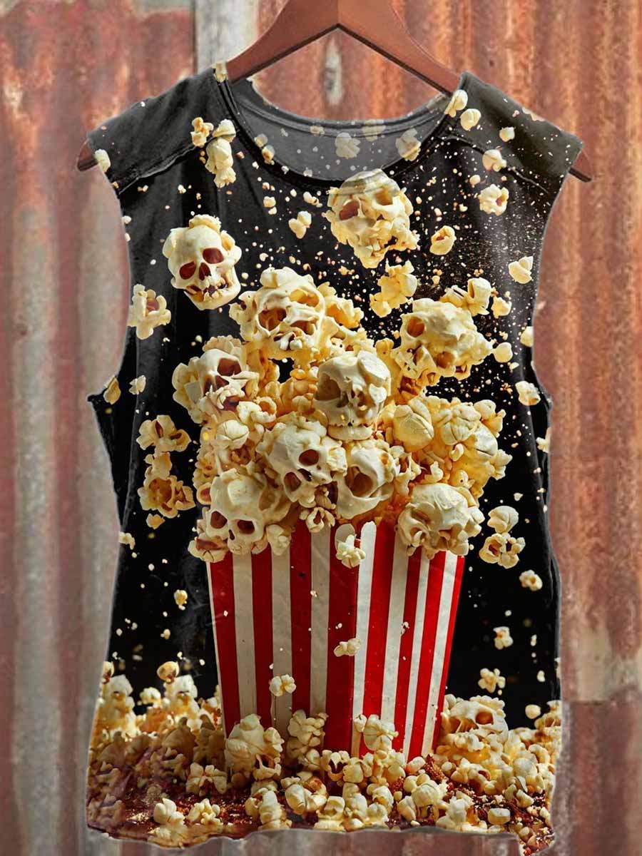 Retro Graffiti Skull Popcorn Print Casual Cotton Tank Top
