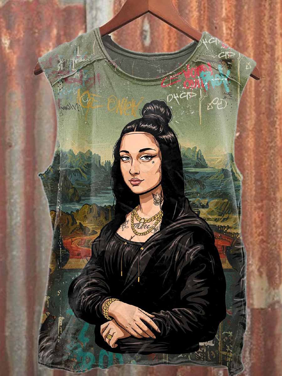 Vintage Graffiti Mona Lisa Print Casual Cotton Tank Top