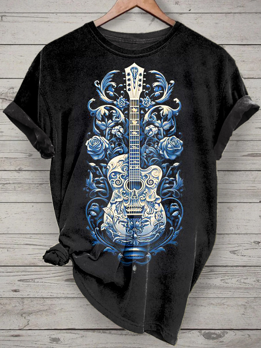Unisex Music Guitar Printed Vintage Fashion Loose Short Sleeve T-Shirt