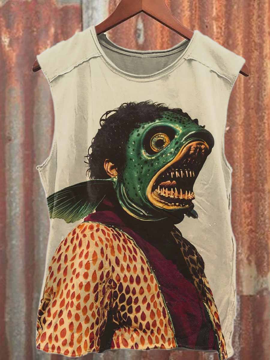 Abstract Monster Fish Print Casual Cotton Tank Top