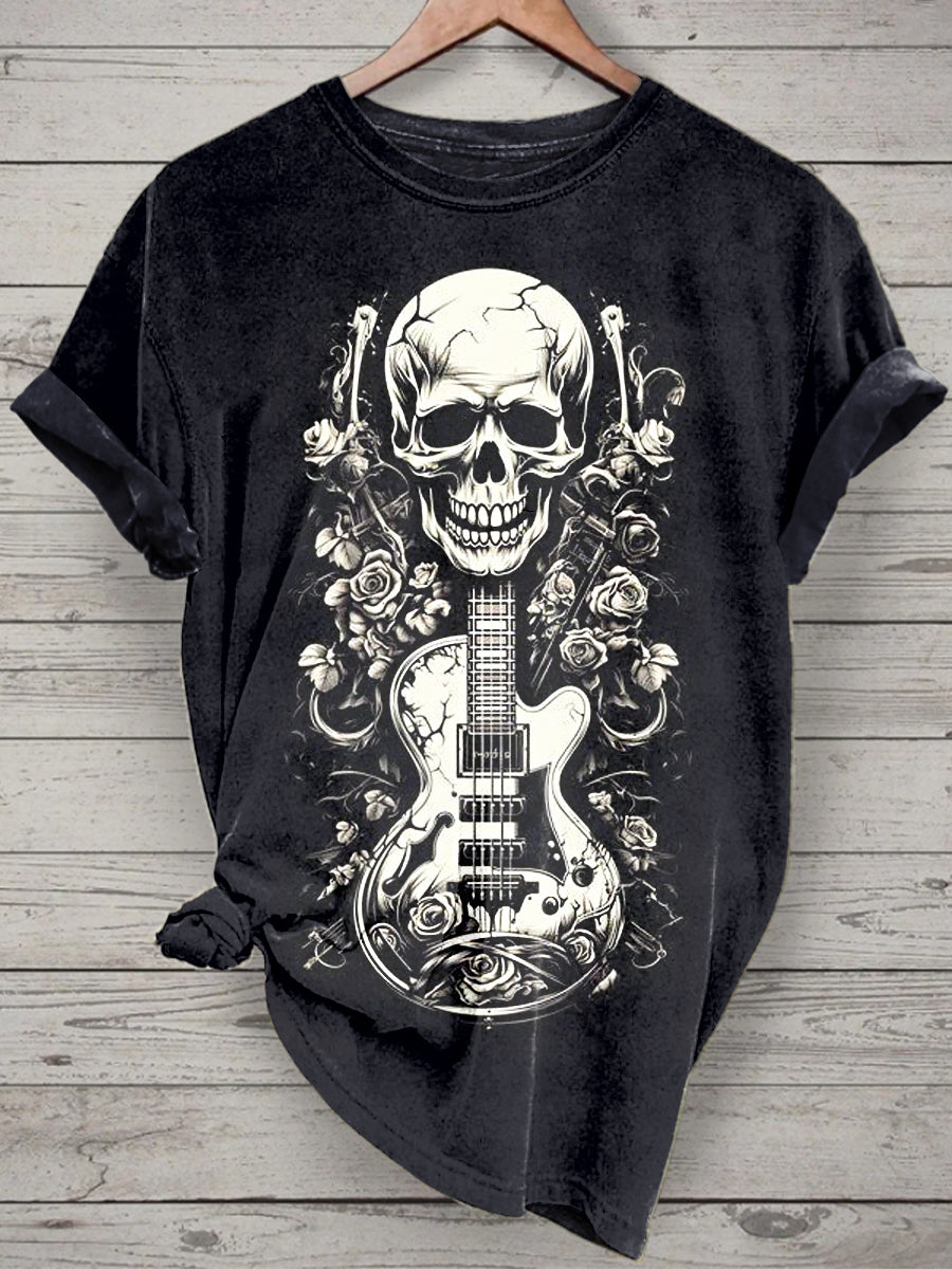 Unisex Music Guitar Skull Printed Vintage Fashion Loose Short Sleeve T-Shirt