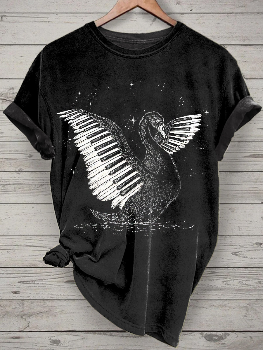 Unisex Funny Music Swan Printed Vintage Fashion Loose Short Sleeve T-Shirt