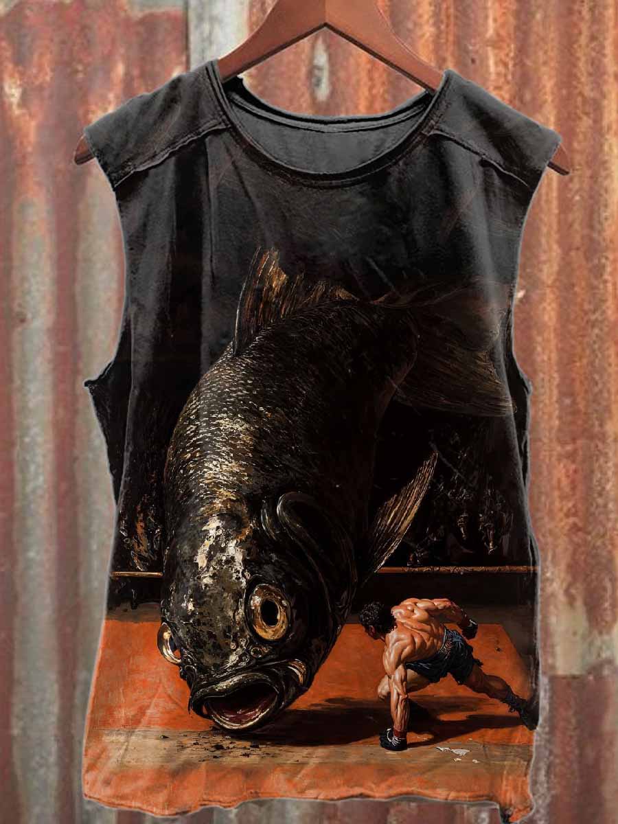 Abstract Monster Fish Print Casual Cotton Tank Top