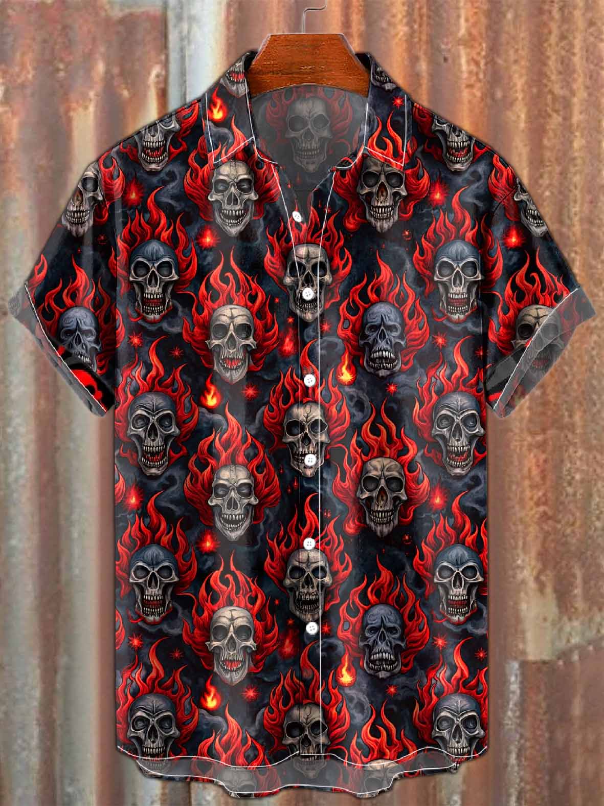 Burning Skull Embroidered Casual Shirt
