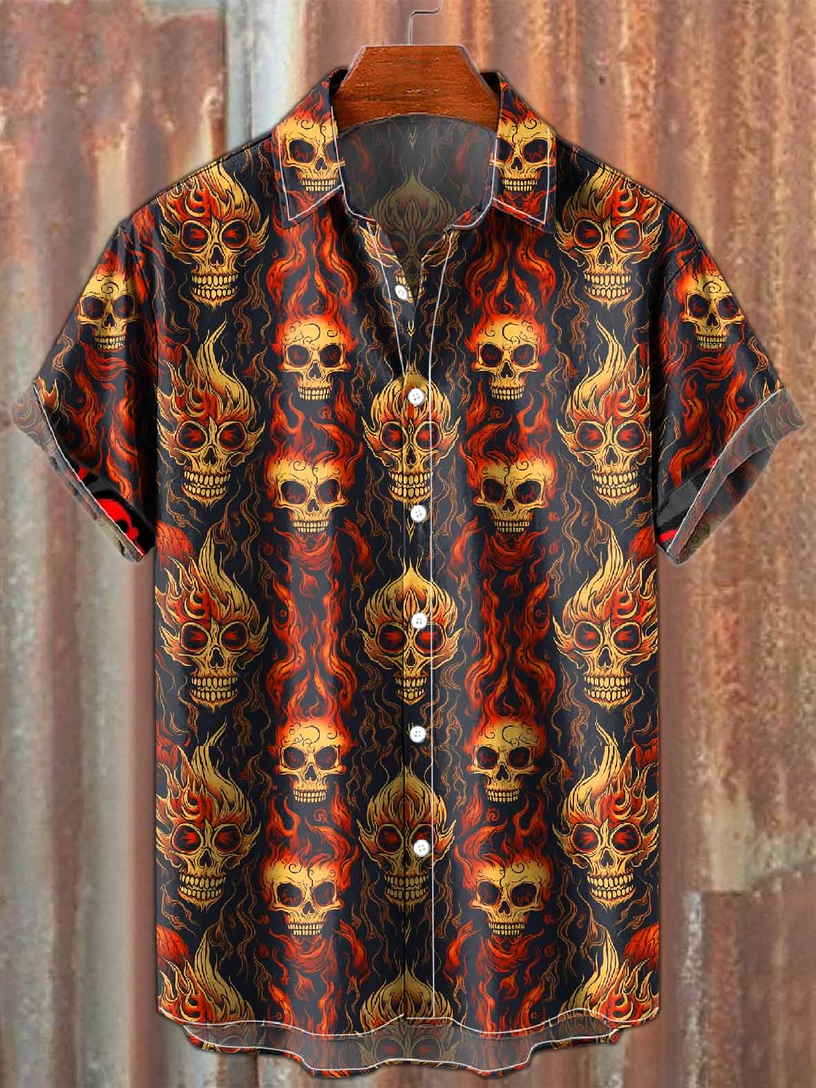 Burning Skull Embroidered Casual Shirt