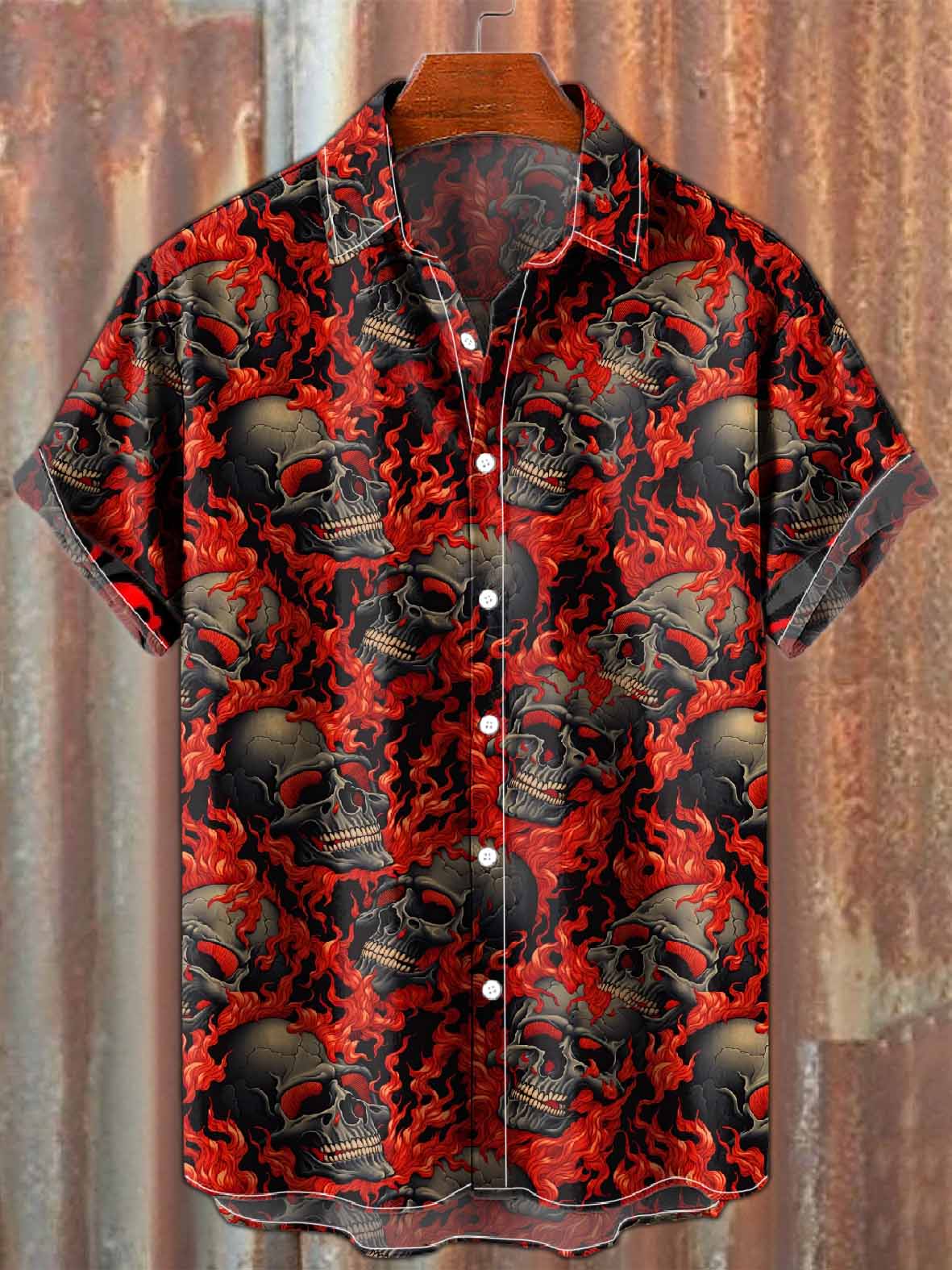 Burning Skull Embroidered Casual Shirt