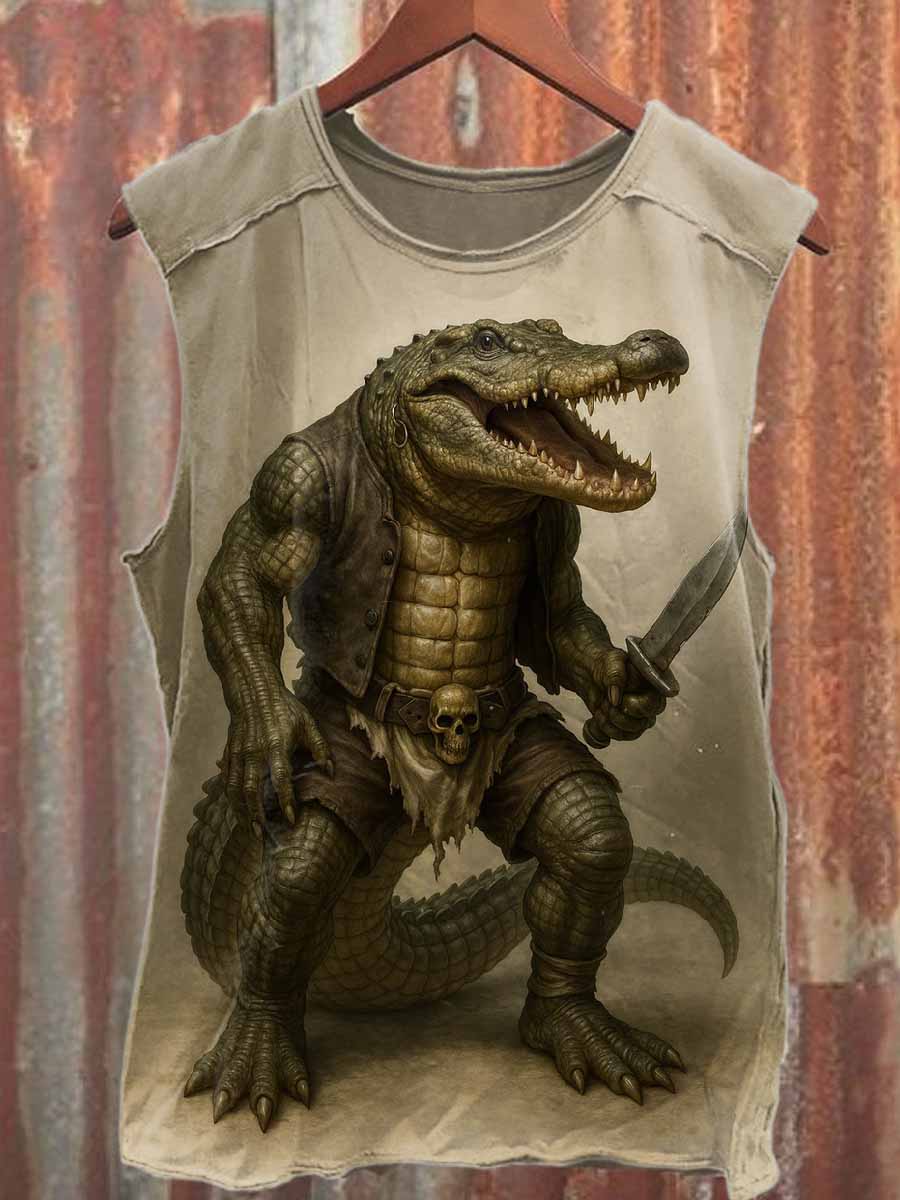Fierce Crocodile Print Loose Cotton Tank Top