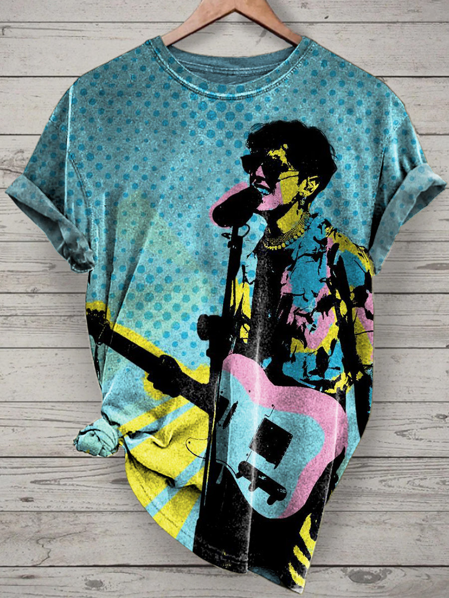 Unisex Pop Art Guitarist Printed Vintage Fashion Loose Short Sleeve T-Shirt