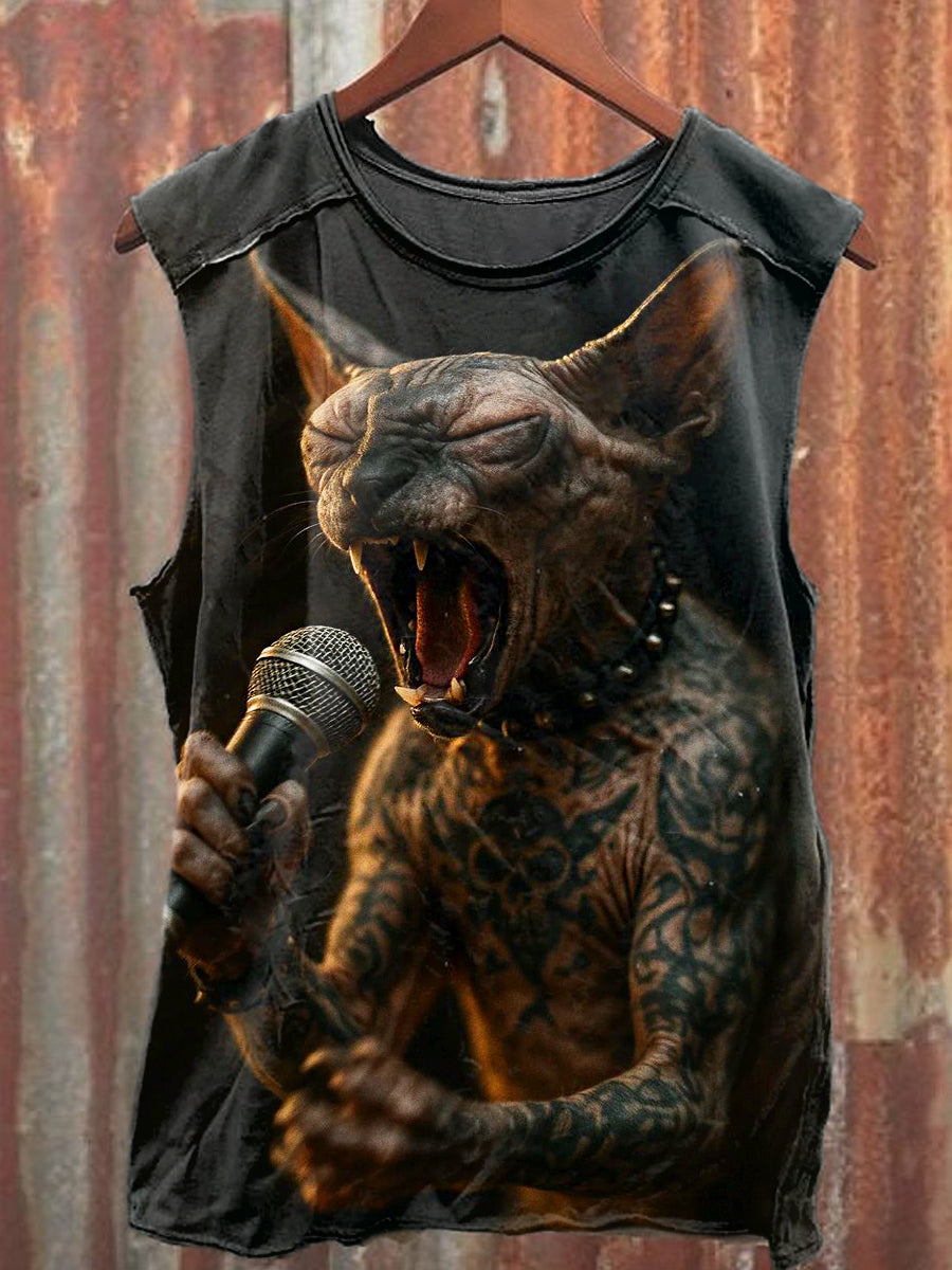 Men's Casual Roaring Cat Printed Tank Top