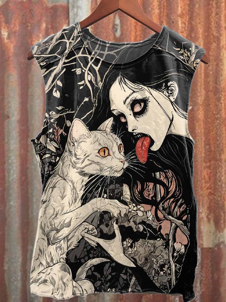 Retro Graffiti Print Casual Cotton Tank Top