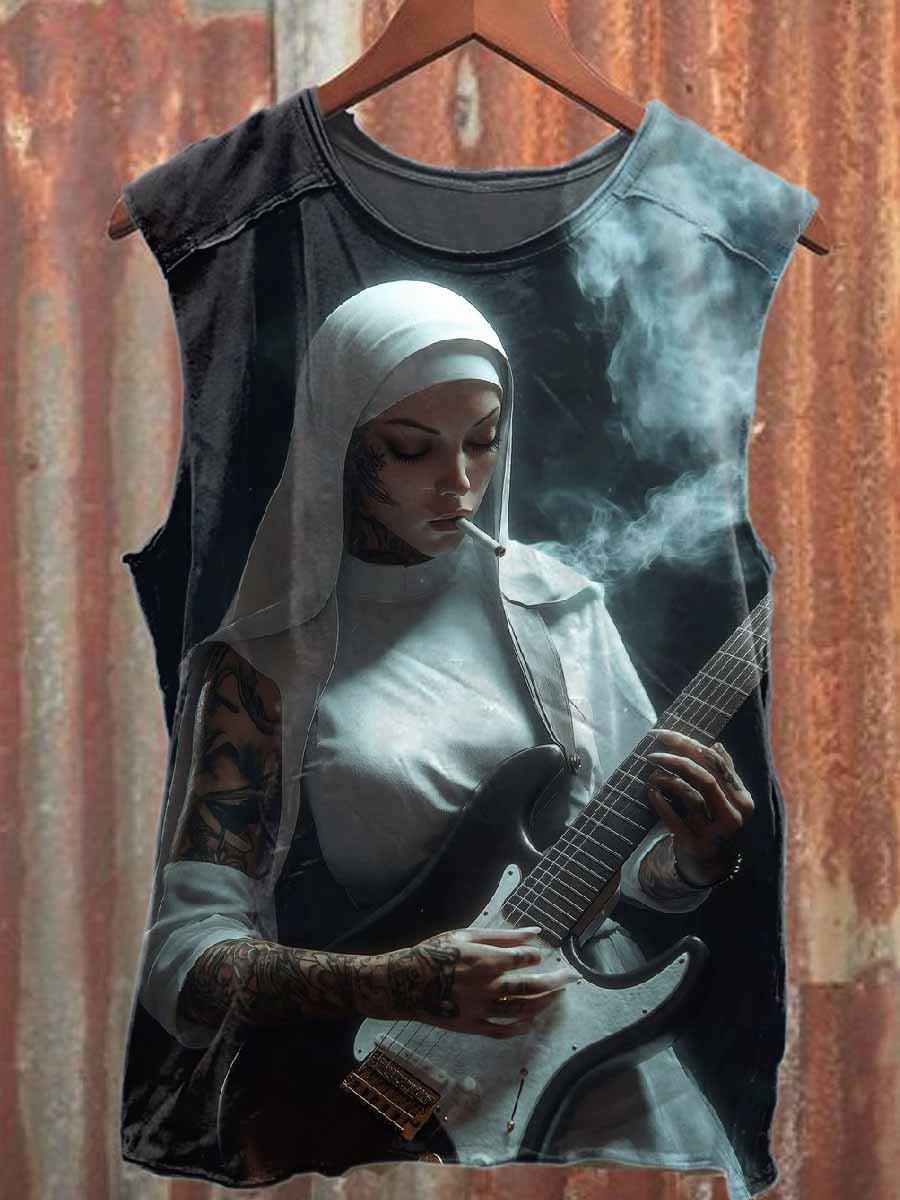 Retro Punk Nun Print Casual Cotton Tank Top