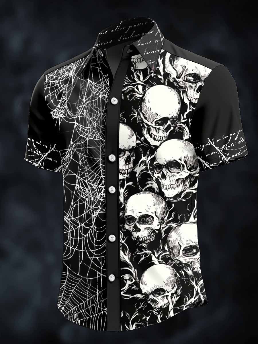 Men's Retro Skull Print Lapel Short Sleeve Shirt