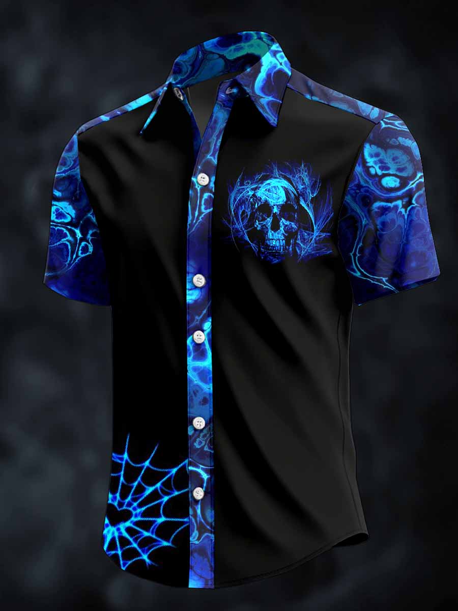 Men's Retro Skull Print Lapel Short Sleeve Shirt