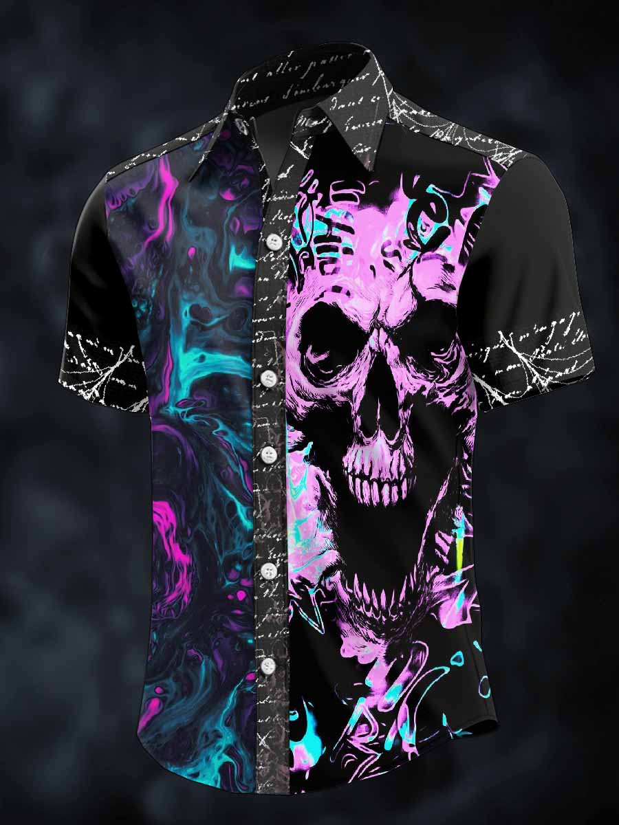 Men's Retro Skull Print Lapel Short Sleeve Shirt