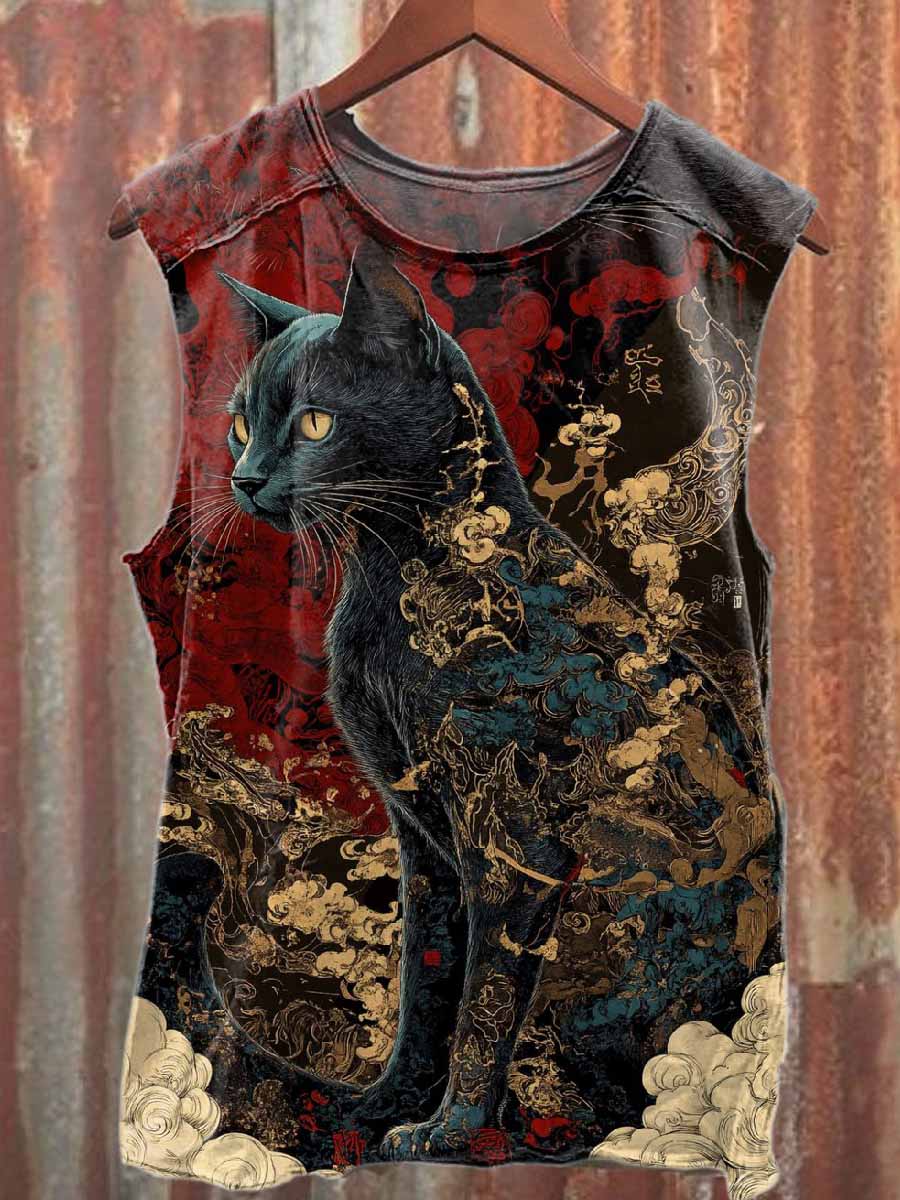 Vintage Folk Black Cat Print Casual Cotton Tank Top