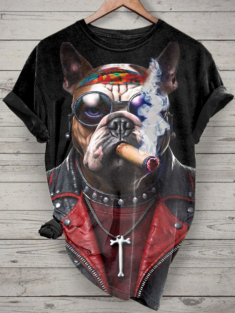 Unisex Smoking Dog Printed Vintage Fashion Loose Short Sleeve T-Shirt